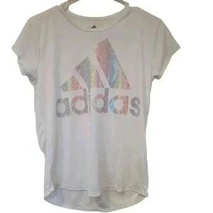 Adidas Girl's White Poly Short Sleeve Foil Rainbow Graphic Scoop Neck T-Shirt NE